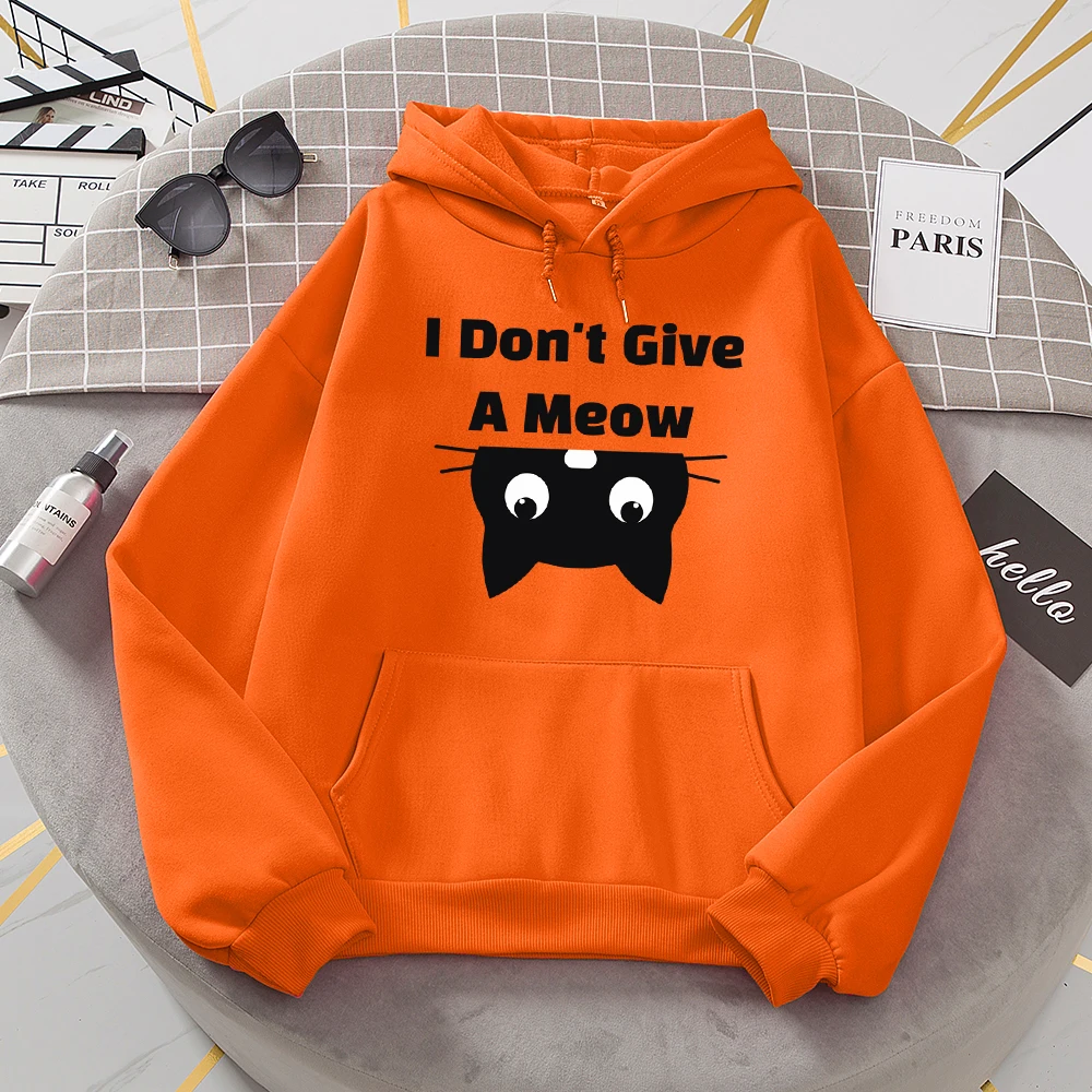 I Don\'T Give A Meow Black Cat Hoodies Women Oversized Loose Warm Hoody Street Sport Tide Sweatshirt Fashion Comfortable Hooded