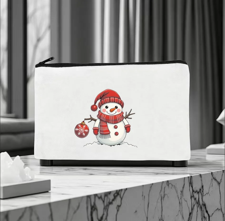 1PC Winter Holiday Snowman Xmas Ball Print Makeup Bag Double Sided Canvas Daily Storage Organizer