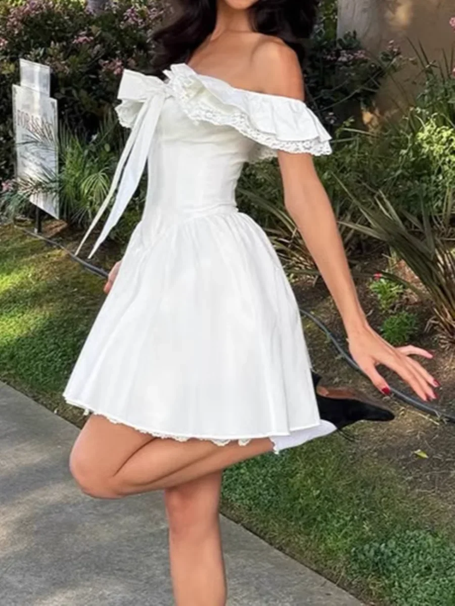 

Women Sweet Mini Dress Slash Neck Off the Shoulder High Waist Fashion Female dress