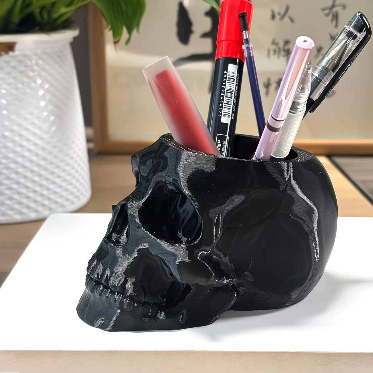 Totenkopf-Stifthalter Totenkopf-Make-up-Pinselhalter Totenkopf-Pflanzgefäß, Gothic-Dekorationen für Zuhause Büro Innenbereich Schreibtisch-Dekorationen – Detail 5