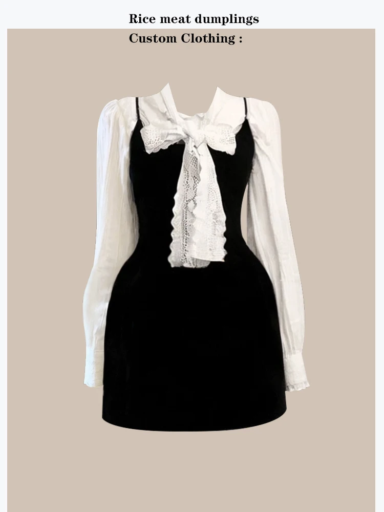 

Korean Style Vintage Floral Lace Shirt Velvet Waist-Cinching Dress Two-Piece Set Women's Fashion Spring Autumn Winter