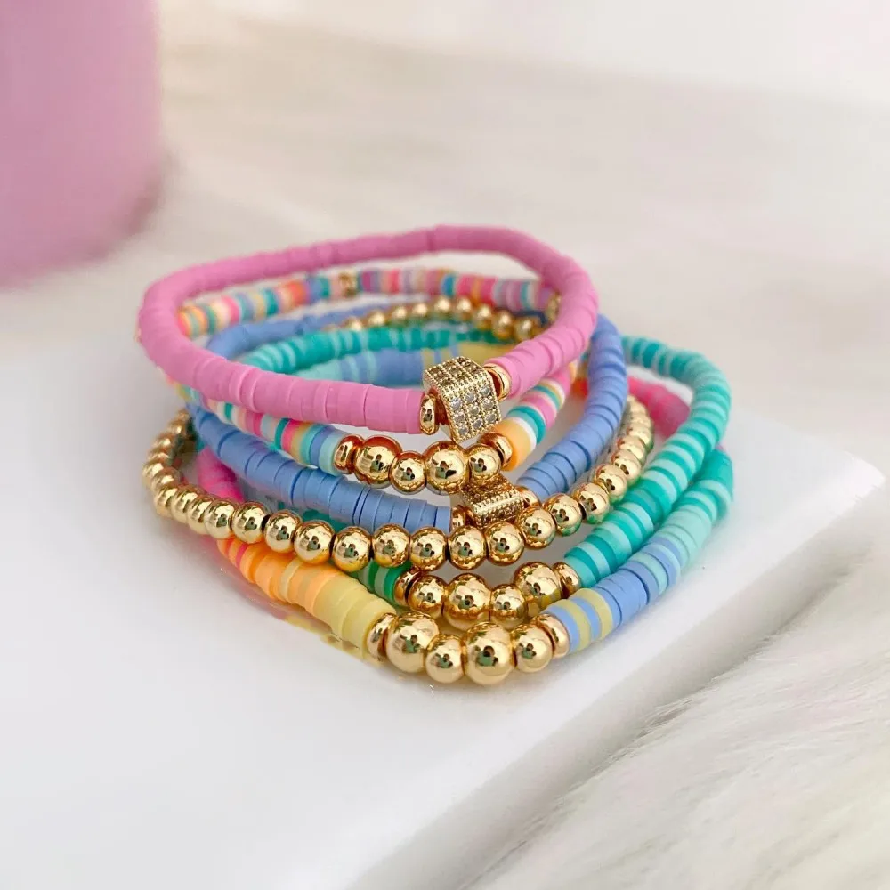 KKBEAD Polymer Clay Heishi Stretchy Bracelets Rhinestones Square Charm Bracelet Bohemian Jewelry Gold Plated Bead Pulseras