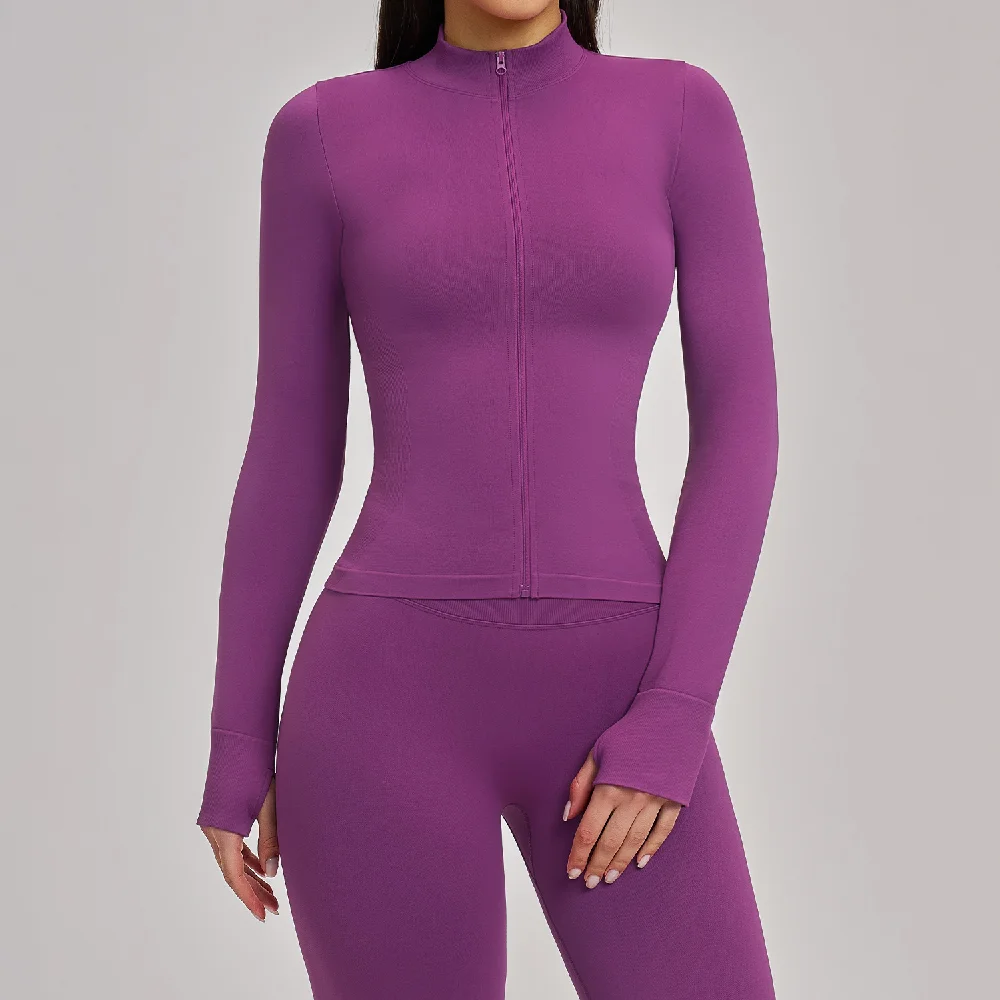 Women Zipper Yoga Long Sleeve Seamless Crop Tops Female Gym Jacket Yoga T-shirts Solid Sports Top Running Workout Athletic Wear