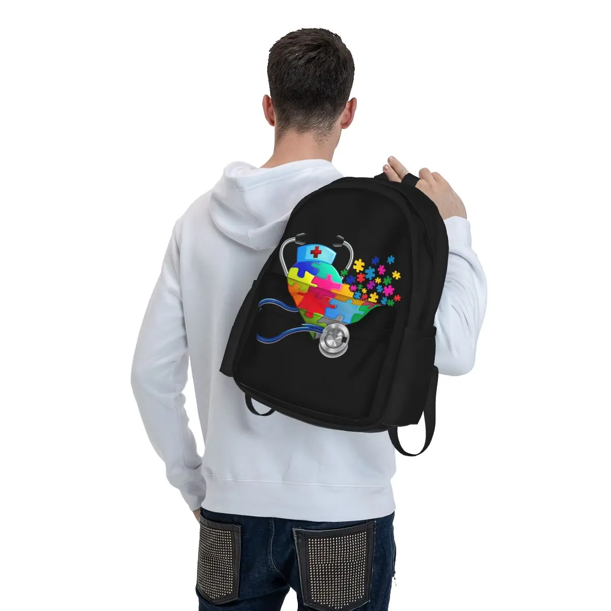 Cute Nurse Heart Puzzle Autism Awareness Men Women  Large Capacity Backpack Print  Backpacks