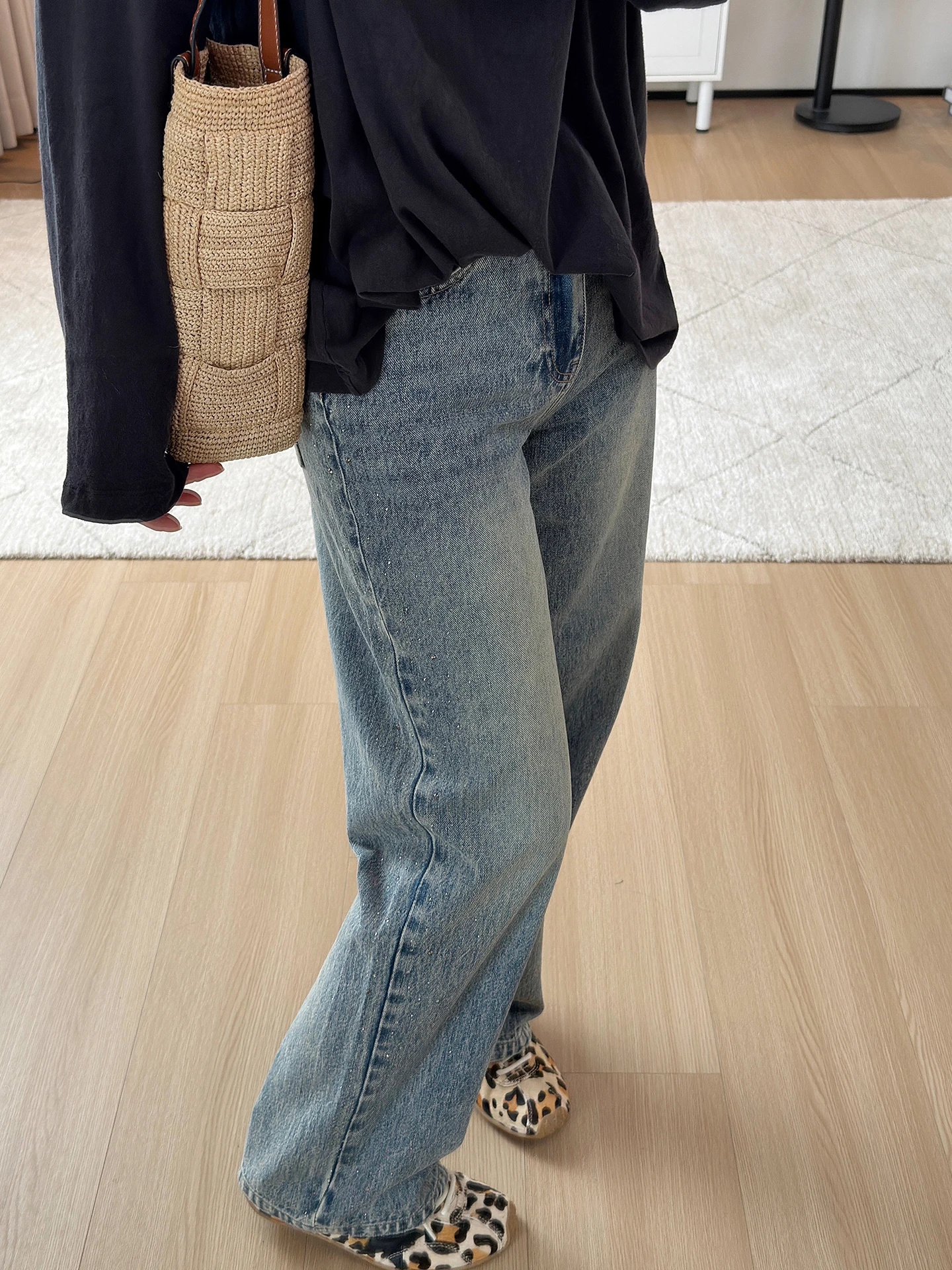 

High Waist Straight Leg Jeans Women's Wide Leg Denim Jeans Waed Blue Diamond Heat Transfer Slimming Long Pants