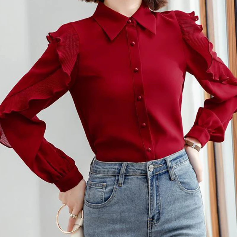 

2021 new niche chiffon top foreign style red small shirt ruffled fashion inside long-sleeved Korean shirt women Solid