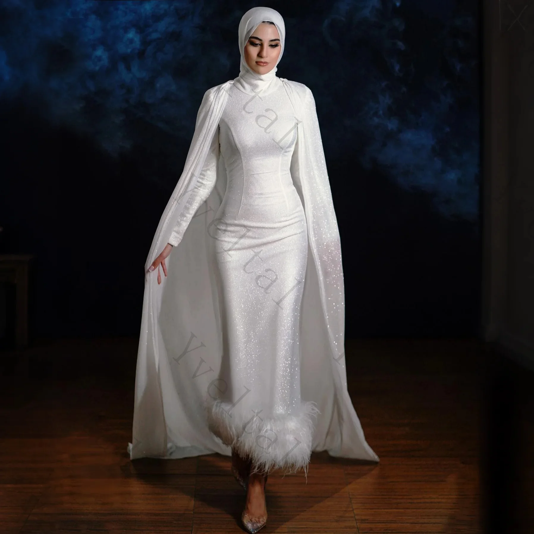 Customized Graceful Muslim Sparkling Sequin Mermaid Wedding Dresses Feathers Bridal Gowns Vestido Corset Designs with Cape