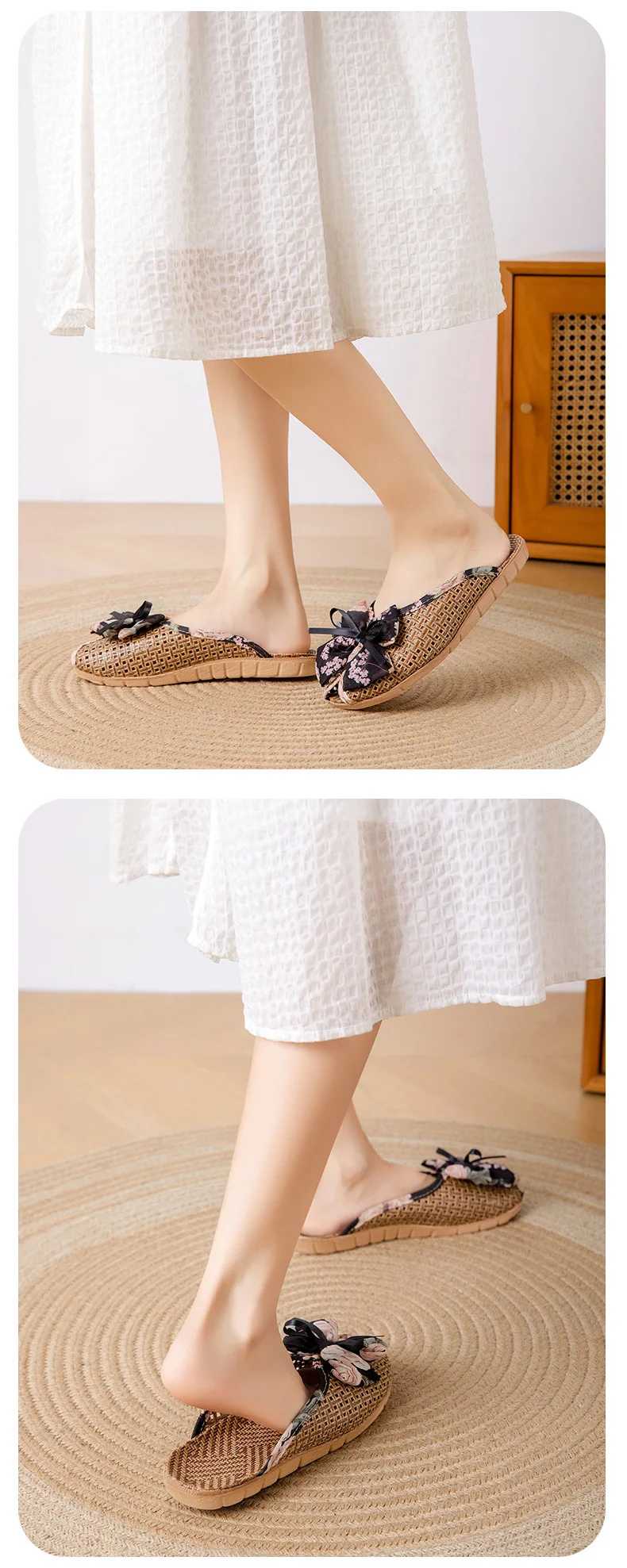 Rattan-Hausschuhe mit Fliege – niedliche Hausschuhe im koreanischen Stil, rutschfeste, atmungsaktive Innensandalen mit weicher Sohle für den Sommer – Detail 12