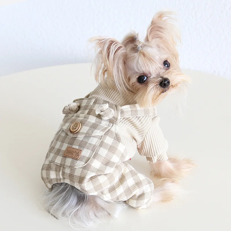 Autumn and Winter Pet Checkered Four Legged Strap Pants Couple Skirts Dog Cat Clothing Dog Pajamas Puppy Clothes Winter