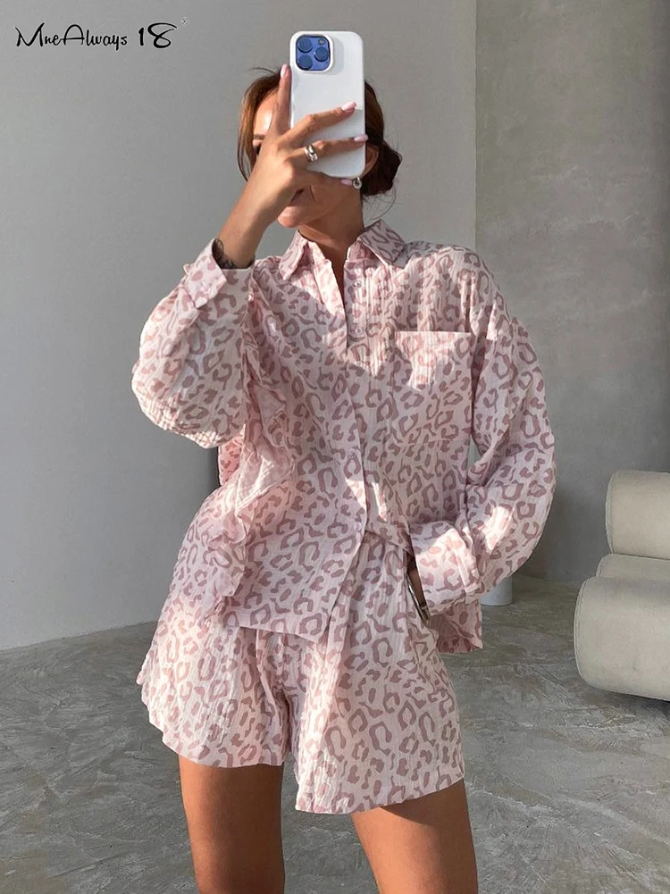 Mnealways18 Leopard Print Pink Frill Shorts Sets Autumn Winter 2024 Lantern Sleeve Shirts And Shorts Office Lady Two Pieces Suit