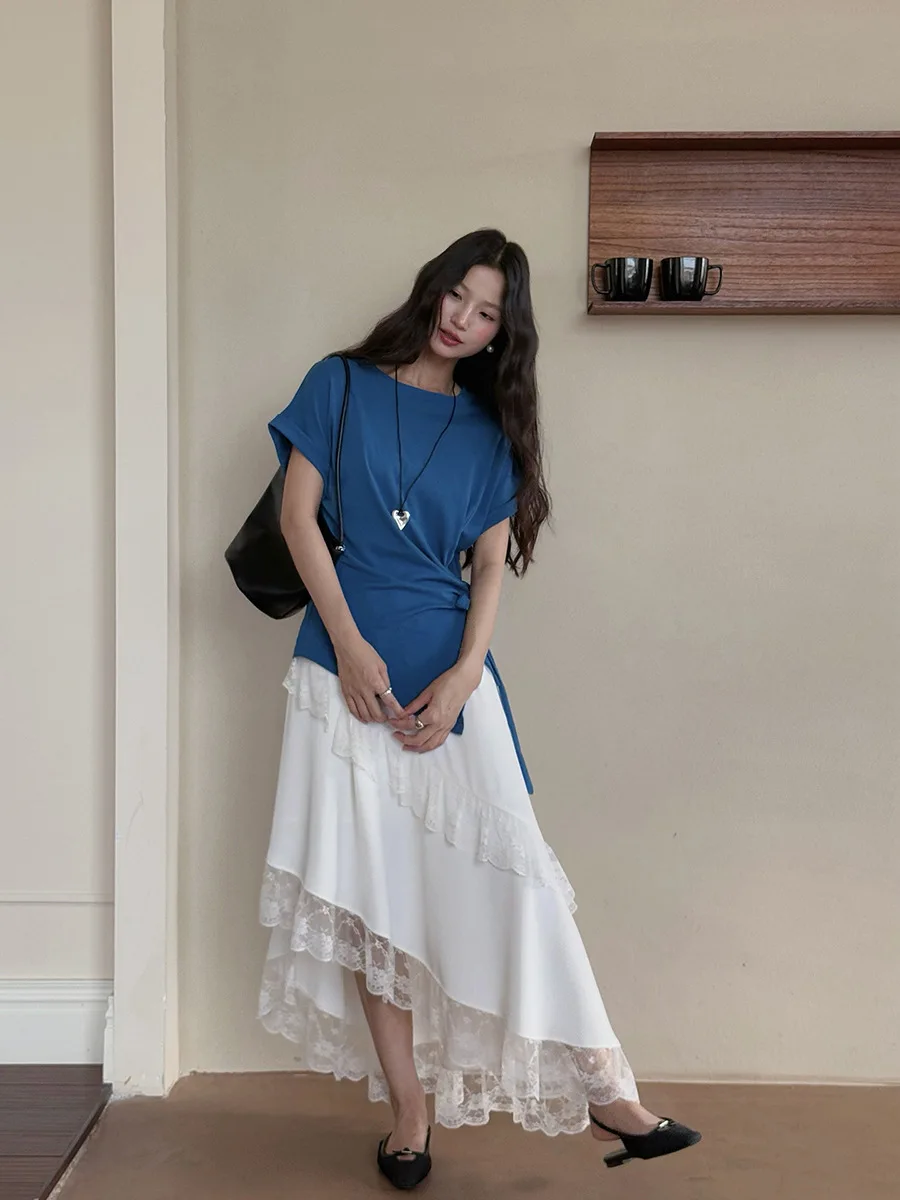 Dames T-shirt in Franse stijl met stropdas in de taille Zomer Casual top met korte mouwen en riemdetail Comfortabel katoenmix Basic T-shirt