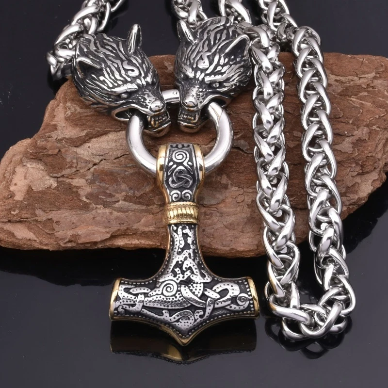 Never Fade Gold Color Odin Wolf Necklace Men Norse Thor Hamm