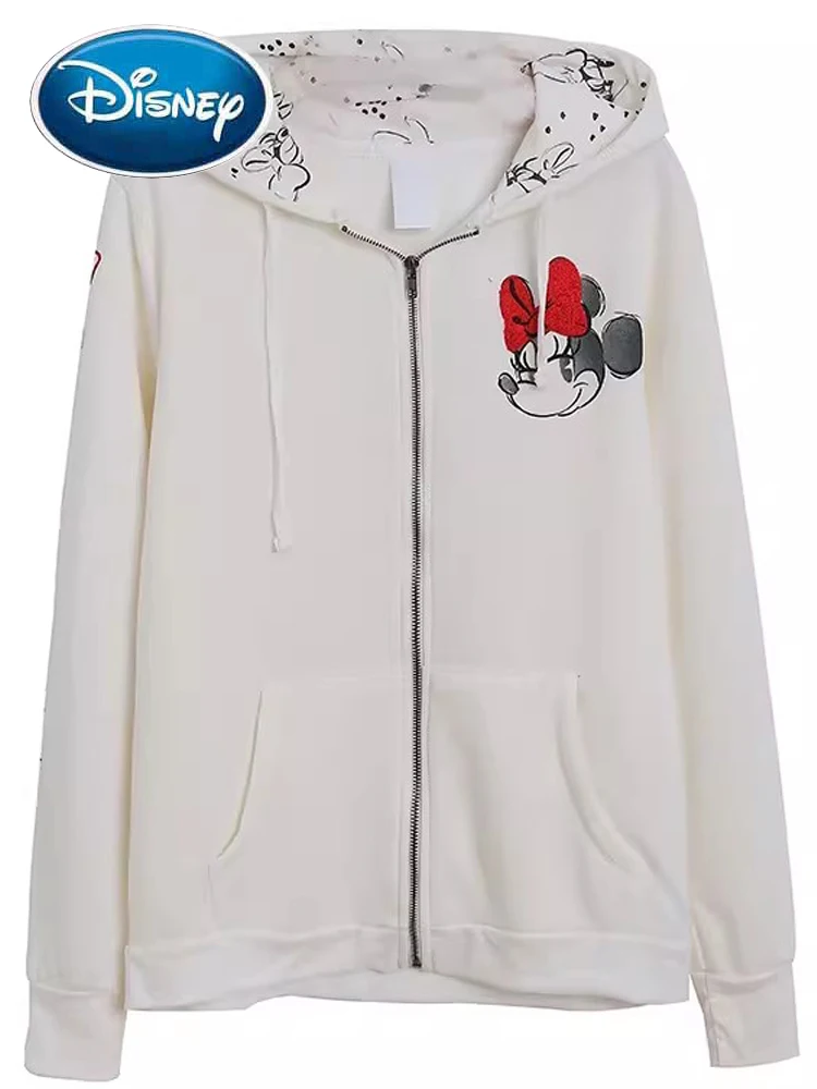 Disney Sweatshirt Minnie Mickey Mouse Embroidery Appliques Letter Cartoon Print Women Hooded Zip Long Sleeve Fleece Jumper Tops