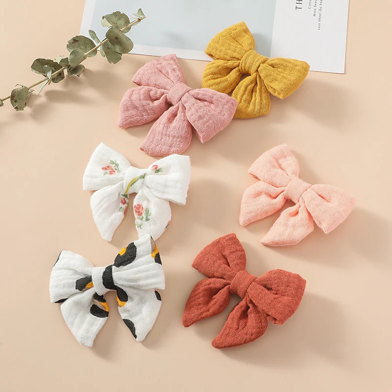 120PC/lot Baby Hair Clips Muslin Cotton Hair Bow Kid Girls Hairpins Infant Floral Prints Hair Bow Nylon Headbands For Children