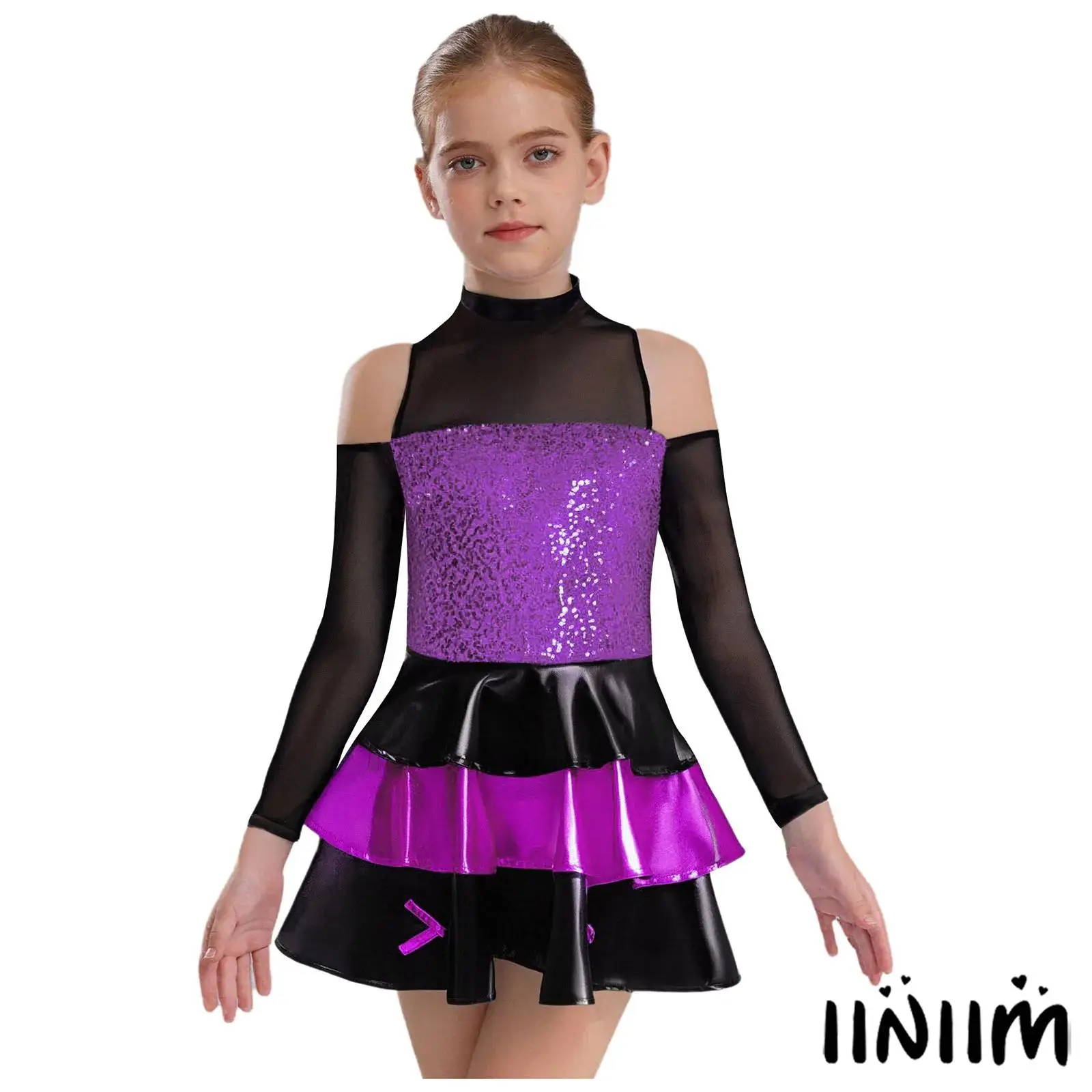 Kids Girls Jazz Latin Dance Costume Long Sleeve Cold Shoulder Shiny Sequins Tiered Ruffled Dresses Lyrical Ballet Dance Dress