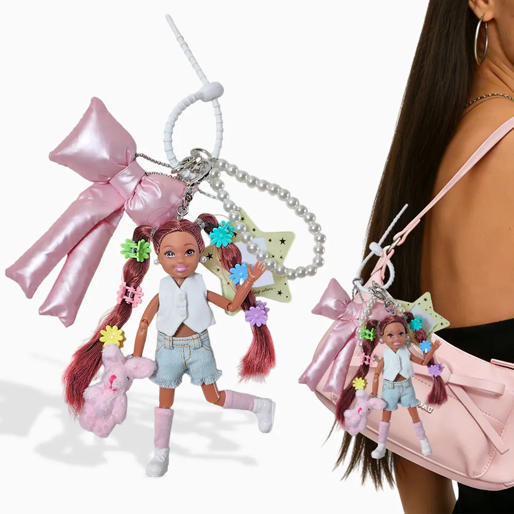 Dopamine Style Black Fashion Doll Keychain, Star Shaped Kpop Photocard Holder, Aesthetic Pearl Bow Bag Charm Gift for Kpop Fans