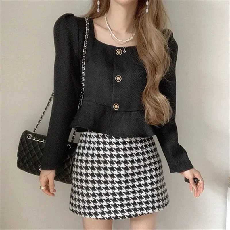 Black Ruffle Top Long Sleeve Single Breasted Square Neck Jacket Solid Short Coat Chaqueta Mujer Slim Crop Shirts Blazers Suit