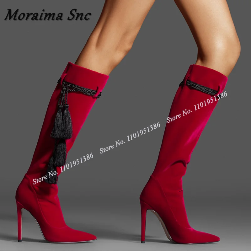 

Moraima Snc Red Fringe Decor Lace up Boots Slip on Solid Boots Knee High Pointed Toe Shoes for Women High Heels Zapatillas Mujer