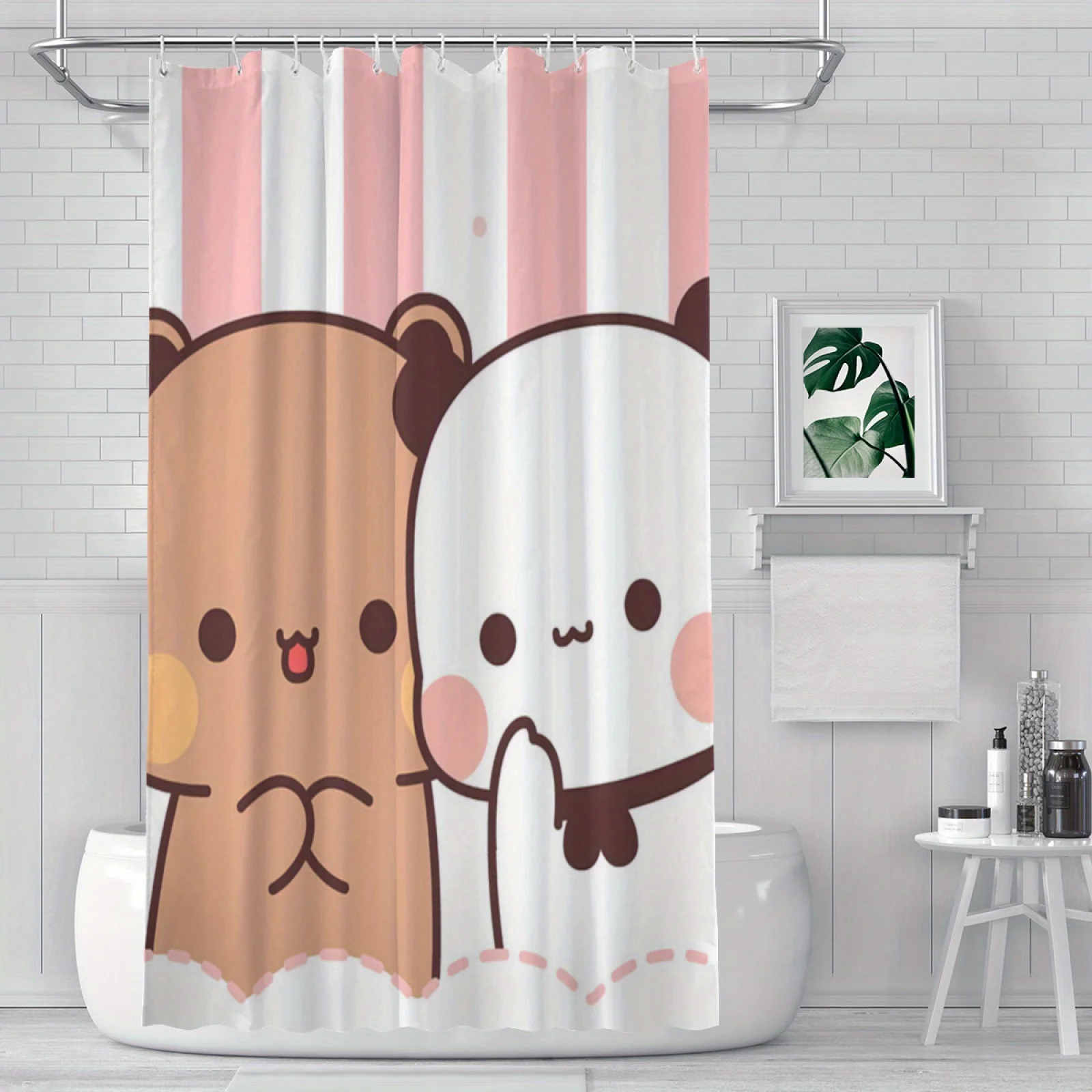 Cute Bear Couple Shower Curtain, Kawaii Cartoon Animal Waterproof Bath Curtain, Sweet Home Bathroom Decor for Girls & Kids
