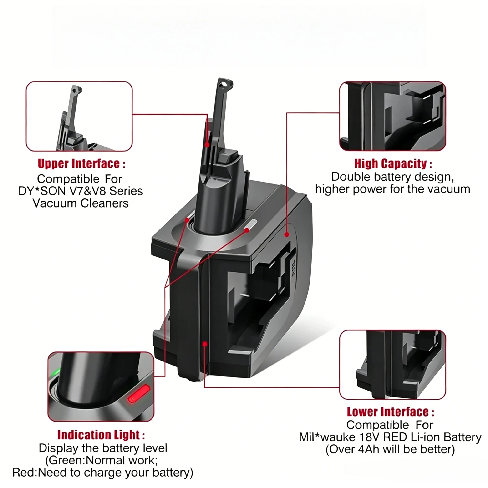2-in-1 Converter For MiLwaukee 18V Battery Double Battery Adapter Work for Dyson V7 V8 Vacuum Cleaner tool