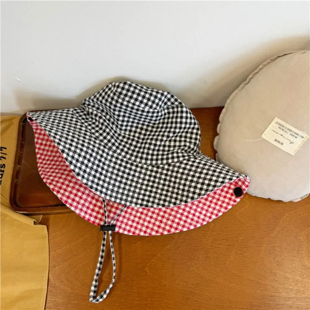 

Comfortable Drawstring Boys Girls Bucket Cap Lattice Anti-UV Children Fisherman Hat Double Sided Casual Baby Sun Hat Boy/Girls