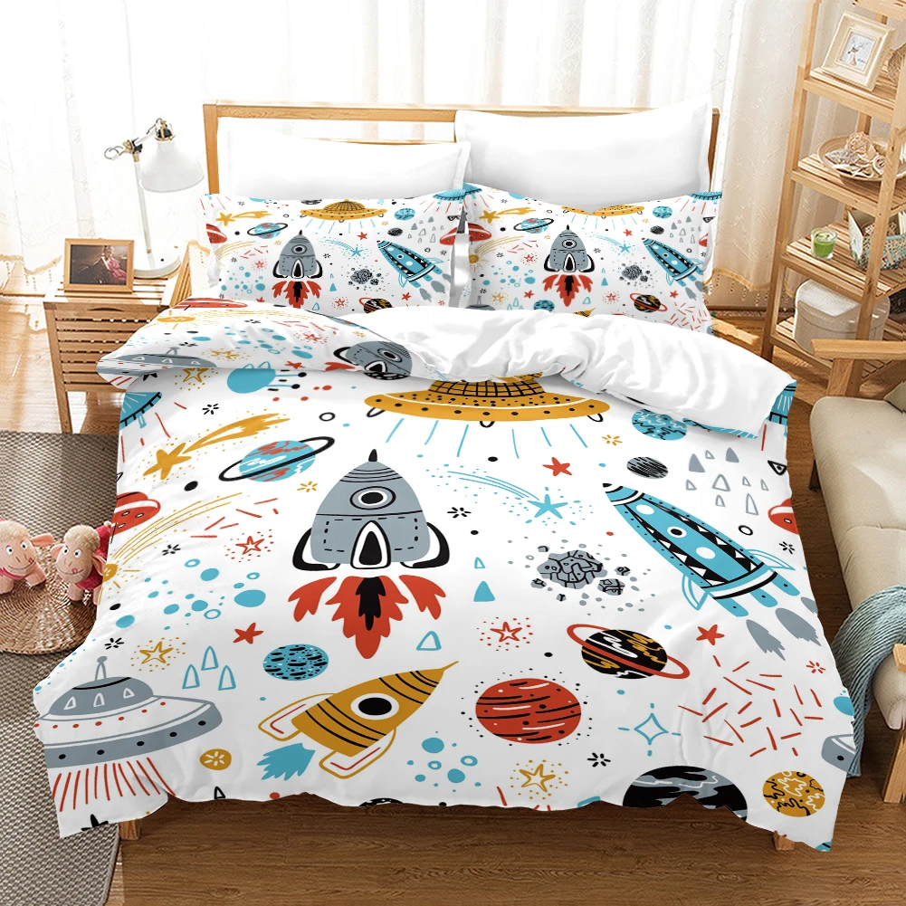 Cartoon rocket ship style Digital Print Duvet Kit - Polyester - Bedroom Decor -1 bed cover +2 pillowcases (no pillow core)