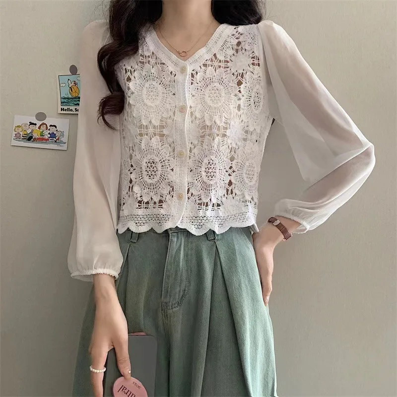 Women Tops Vintage Floral Embroidery Crochet Knit Top with Chiffon Sleeve Crop Shirts Sheer Blouses Fairycore Cottagecore Outfit