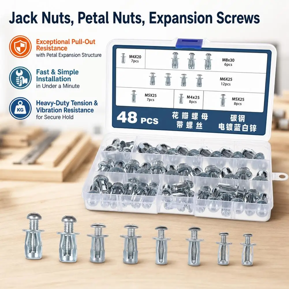 48pcs/Kit M4 M5 M6 M8 Mix Jack Nut Expansion Rivets Nut Screw Bolt Kit Box For Hollow Wall Iron Skin Clamp Petal Shape Anchors