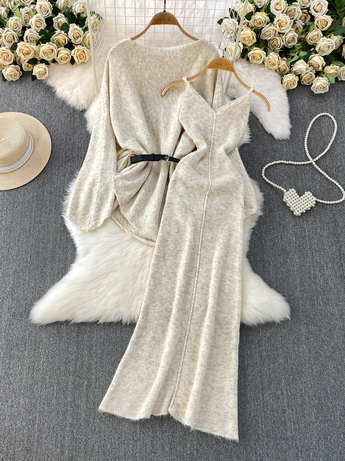 Autumn Winter Knitted Long Sve One oulder Waist Cinched Bell Sve Dr Two Piece Set Faionable Aosphere Sensation