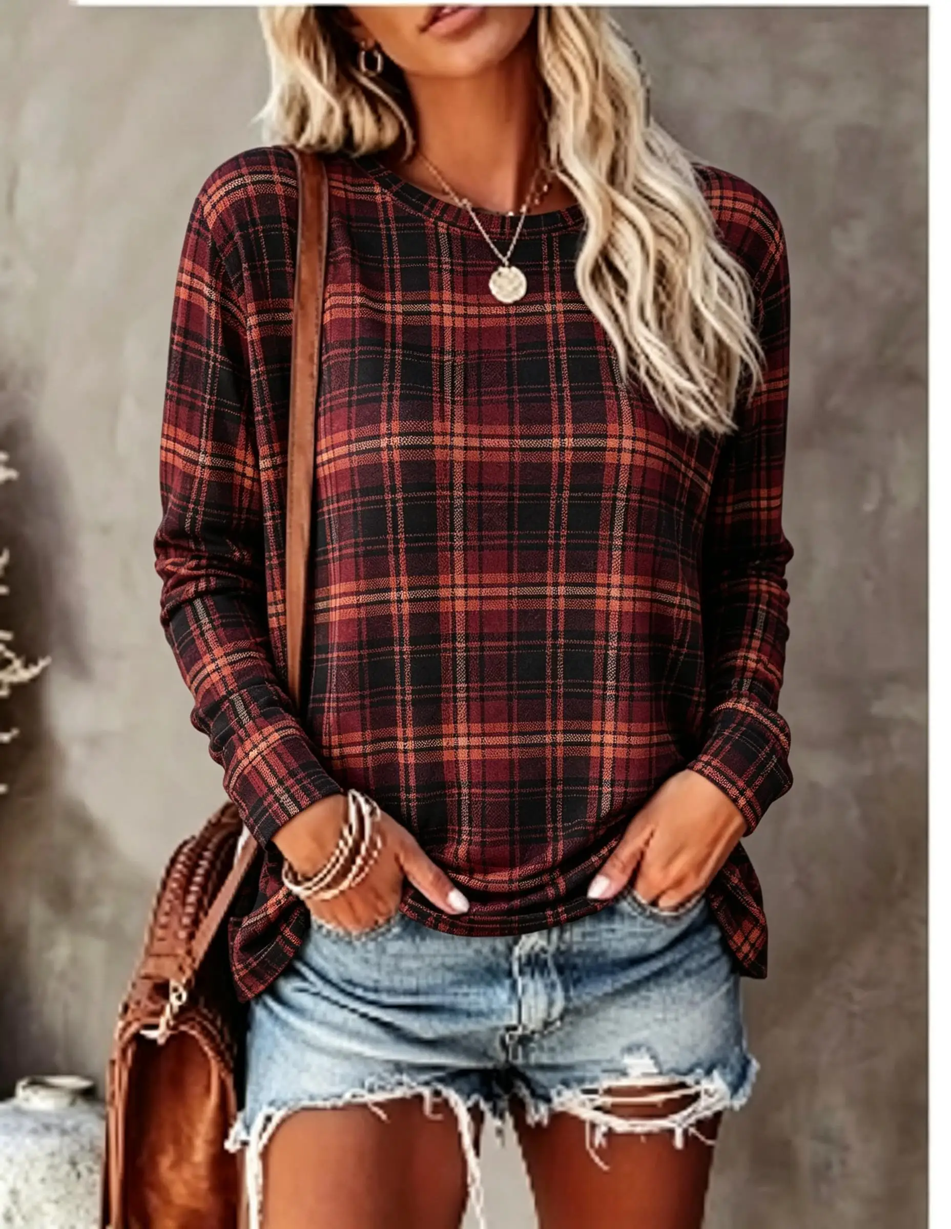 Women Long Sleeve T‑Shirt Blue White Plaid Checkered Vintage Print Crew Neck Casual Fall Tops