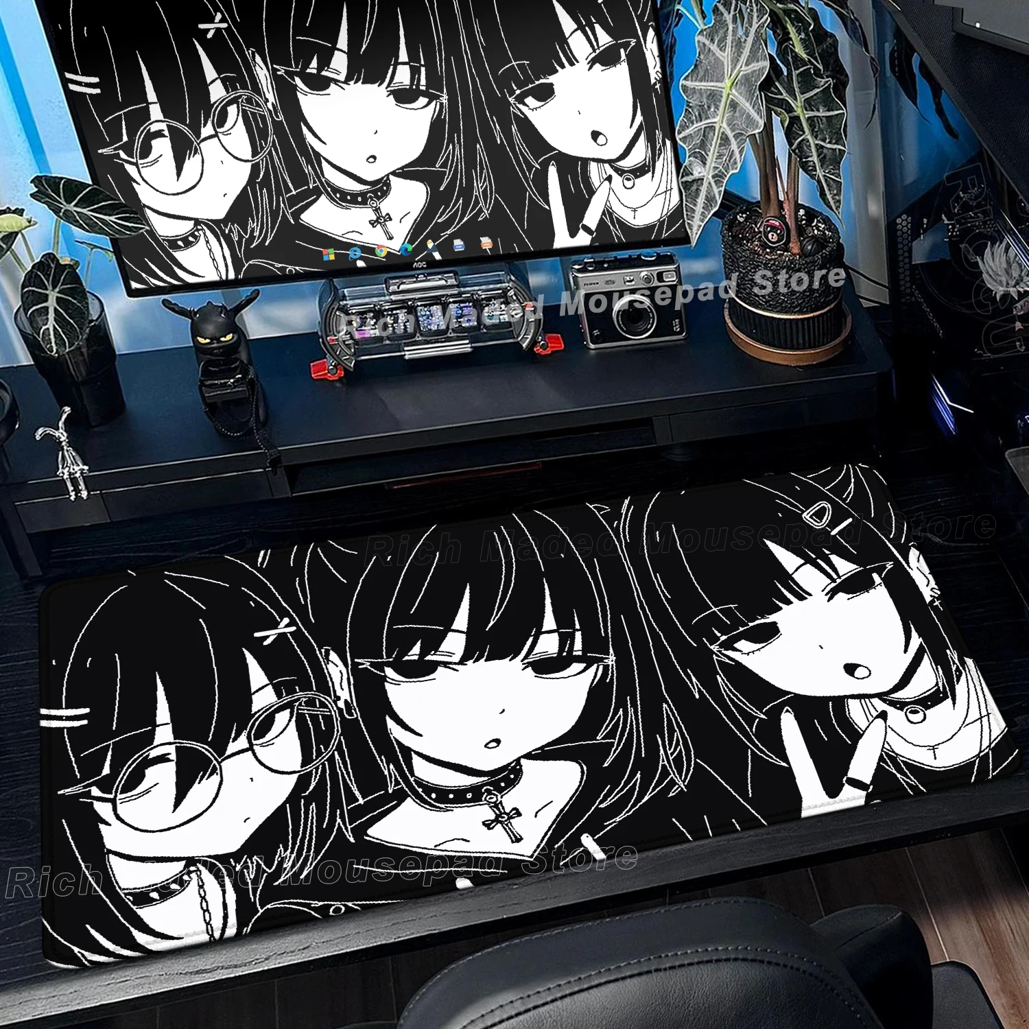 Alas Mouse Anime Hitam Putih Ukuran Besar untuk Gaming, Anti Selip, Alas Keyboard, Alas Laptop, Alas Meja Komputer, Pinggiran Terkunci, Karpet Mouse Y2K