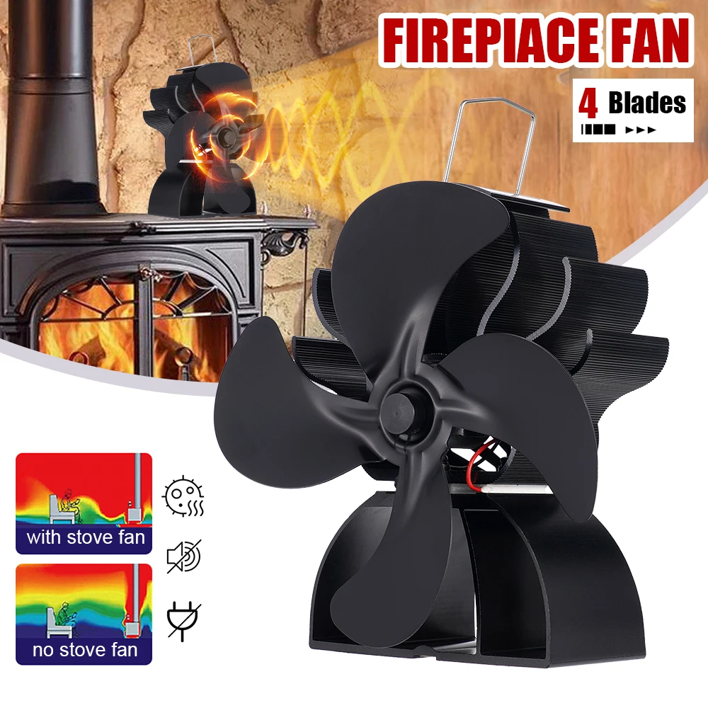 Black Stove Fan 4 Blade Heat Powered Fireplace Fan Log Wood Burner Eco Quiet Stove Fan Heater Home Efficient Heat Distribution