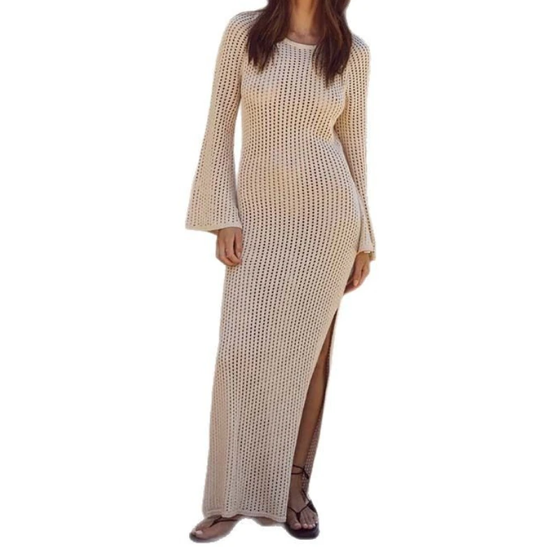 2025, nieuwe sexy uitgesneden open rug gebreide jurk, badplaats, lange rok, zonnebrandcrème