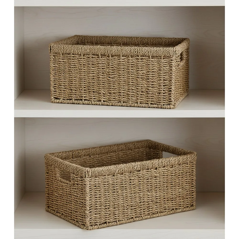 

Набор из 2 корзин для хранения морских водорослей ручной работы, большие и маленькие органайзеры со встроенными ручками для домашнего декора