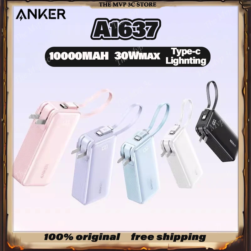 3C ANKER A1637 30W 10000mah Banco de energía 3 en 1 Banco de energía ligero portátil con enchufe y cable Carga rápida Iluminación tipo c