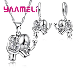Newest Fine 925 Sterling Silver Jewelry Sets Shining Austrian Crystal CZ Elephant Design Necklace Earrings for Women Girl Gift