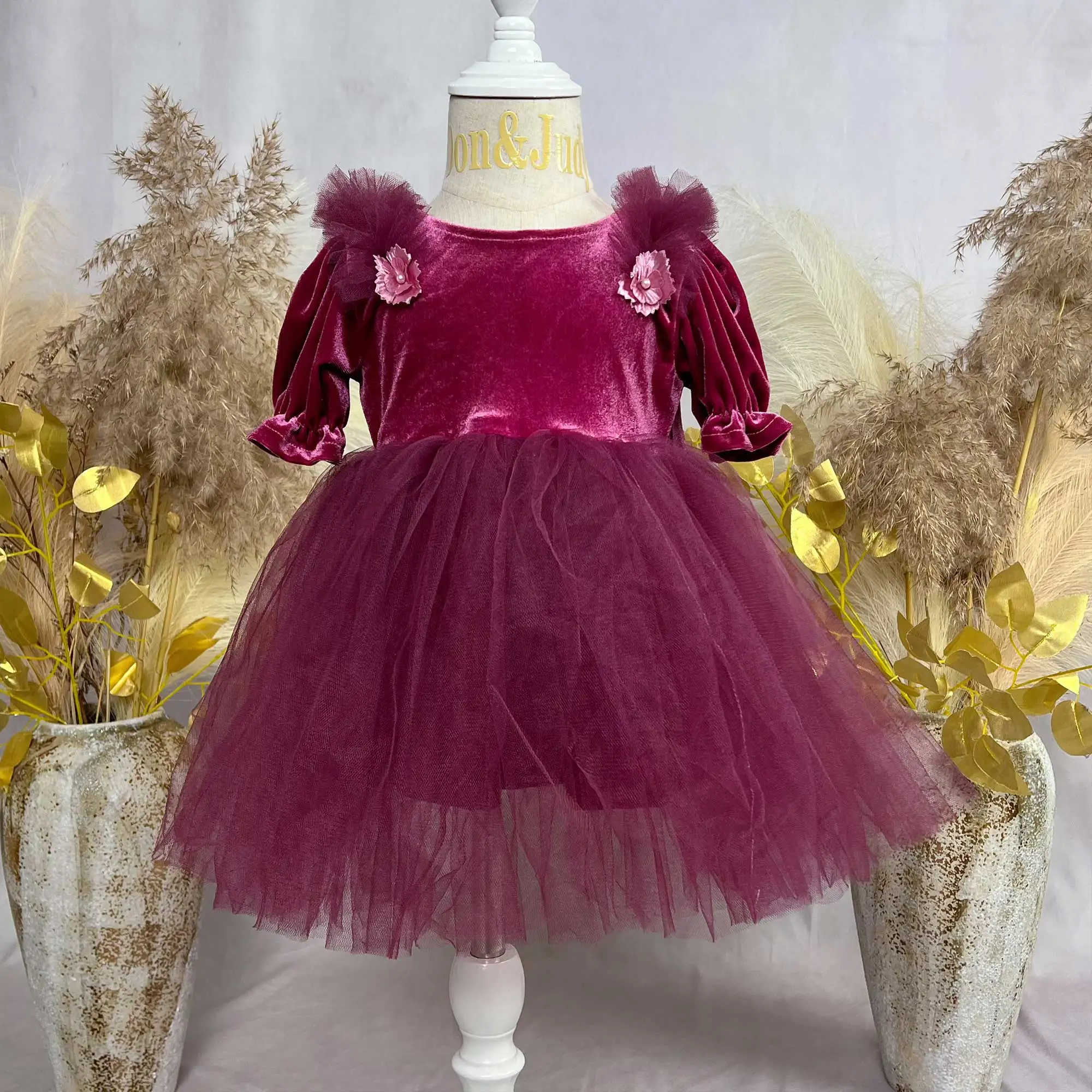 Don&Judy Girls 1-6 Years Old Velvet Puff Sleeves with Stiff Tulle Tutu Dress Elegant Princess Ball Gown Fall Spring Clothing