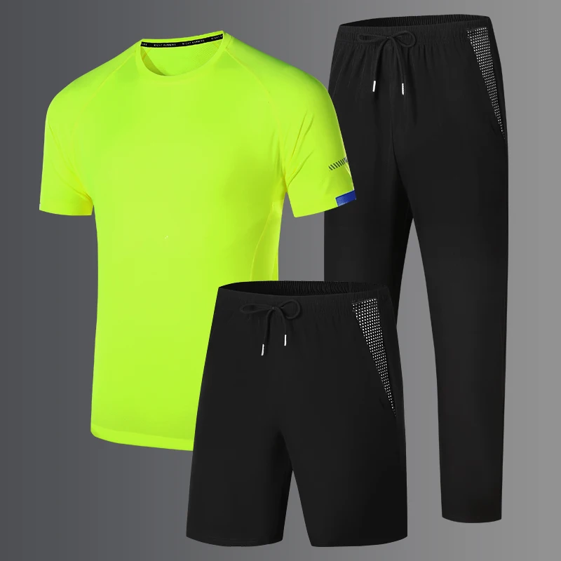 

Summer Men's Sports Set Lightweight and Breathable Ice Silk Quick Drying Jogging Round Neck Top Slim Fit Men's Three Piece Set