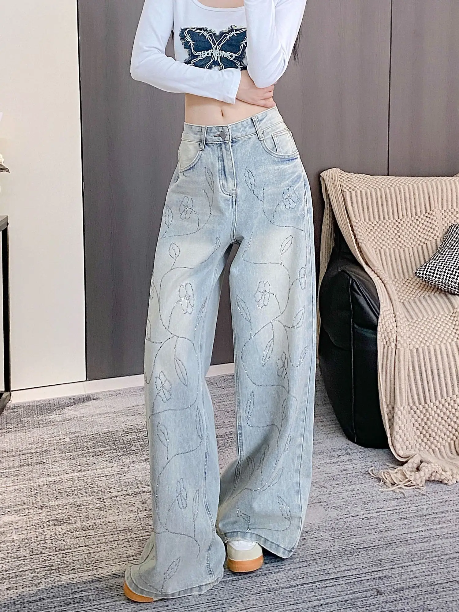 

Женские джинсы с высокой талией, прямые, широкие, с дизайнерским декором из страз, повседневные, свободные, стройнящие