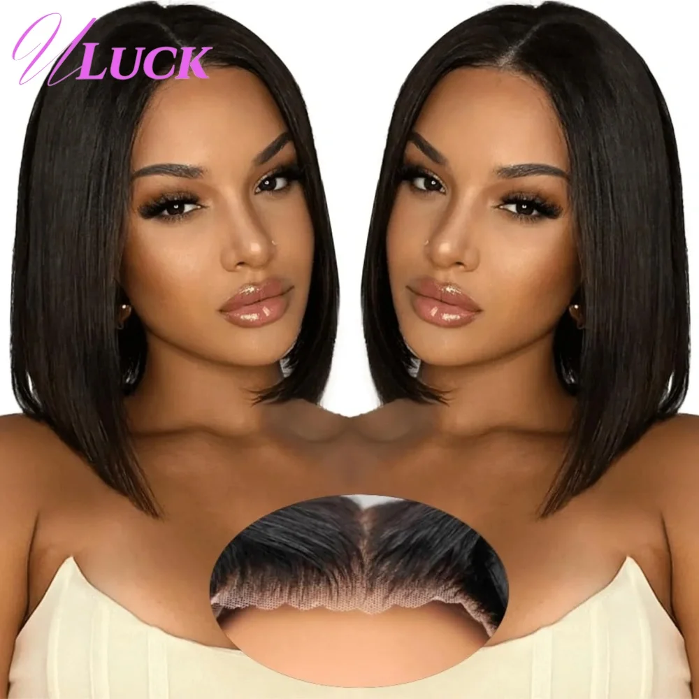 

Uluck Double Drawn Short Straight Bob 13x4 Lace Frontal Wigs Black Brazilian Human Hair Wigs 200% Density Pre Plucked For Women