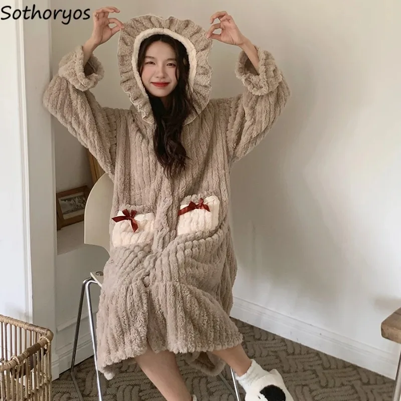 Coral Velvet Robes Women Sweet Hooded Sleepwear Harajuku Thicker Warm Soft Home Slouchy Comfortable Young Lady Lovely Daily Ins