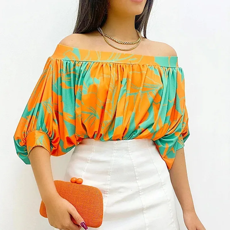 Sexy Off Shoulder Batwing Sleeve Print Shirt Blouse Women Casual Loose Flods Shirts For Women 2023 Office Elegant Top