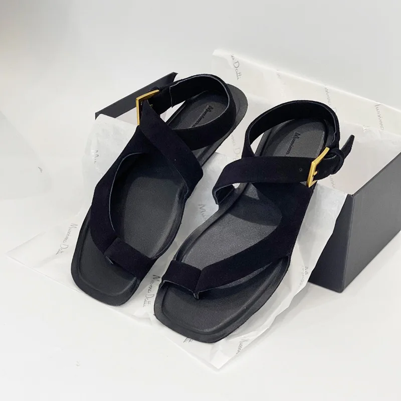 2024 Summer Genuine Leather Women Flat Sandals Brand Design Thong Toe Gladiator Sandals For Women Black Suede Goold Buckle Shoes