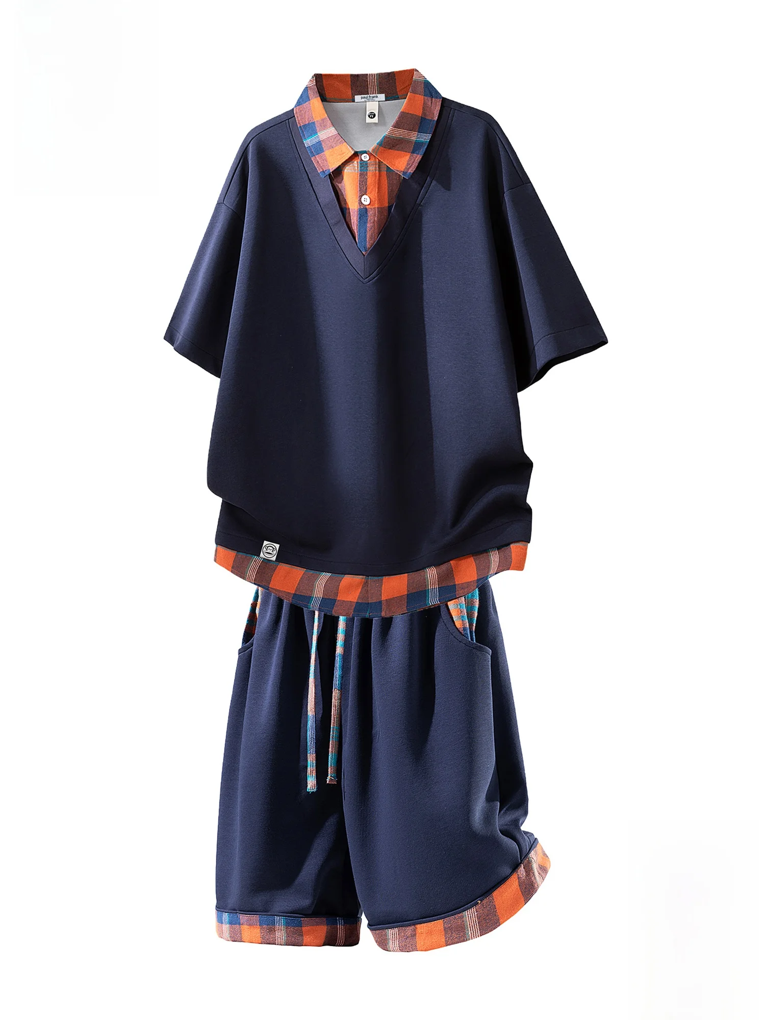 Conjunto Casual de Verão PaulFrank para Homens, Ajuste Solto, Shorts Esportivos, Jaqueta Acolchoada, Design Color Block, Esta...