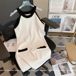 Women's Round Neck Sexy Patchwork Knitting Sleeveless Dresses 2023 Summer Casual High Street High Waist Party Club Dress