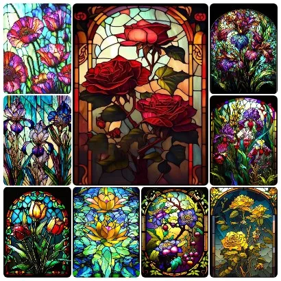5D DIY Vintage Buntglas-Stil Blumen-Diamantmalerei, Tiffany Rose Iris Tulpe Kombination Wanddekoration für Zuhause