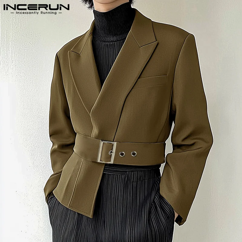 Fashion Well Fitting Tops INCERUN Men Deconstruction Design Belt Suit Coat Casual All-match Male Solid Long Sleeved Blazer S-5XL