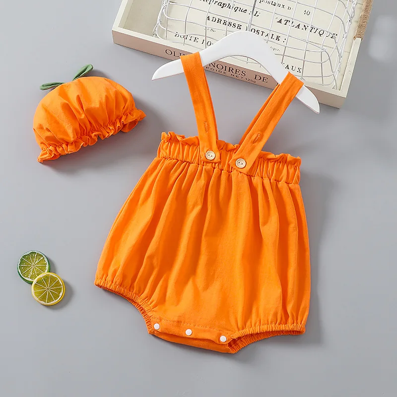 

Baby Persimmon Cartoon Romper Pure Cotton Breathable Summer Jumpsuit Infant Triangle Bodysuit with Matching Hat