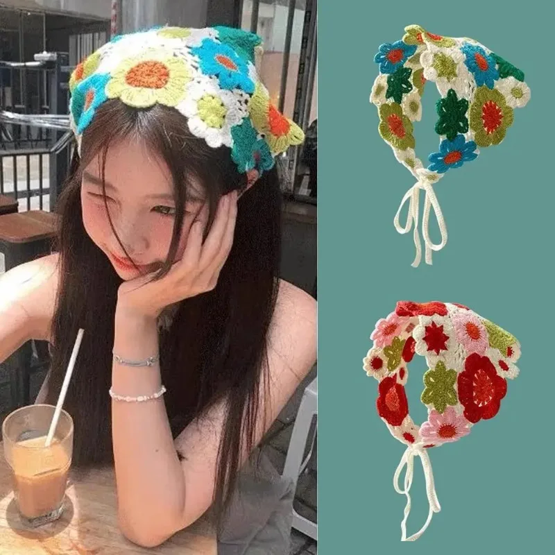 

Sweet Cute Handmade Knitted Hairband Summer Floral Hair Hoop Triangle Headwear Fashion Hair Accessories