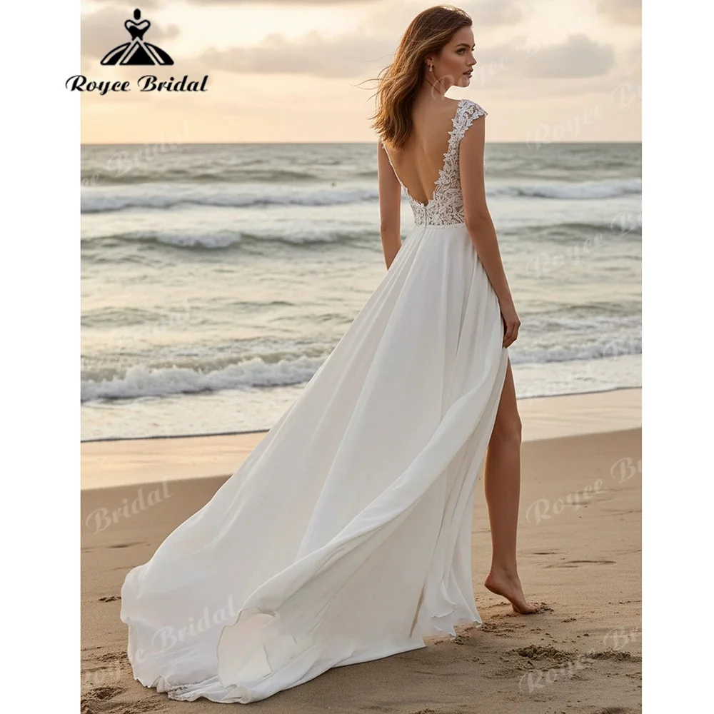 2027 Boho Beach Wedding Dress Deep V Backless Lace Bodice Chiffon A Line Slit Skirt Court Train Vestido De Novia Customized